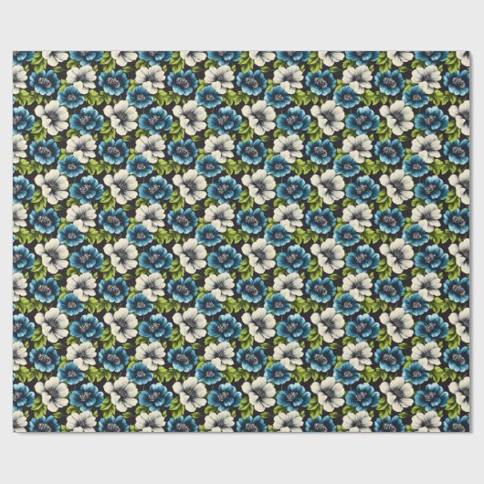 Donkerblauwe en witte bloemen cadeaupapier (Vlak)