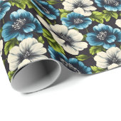 Donkerblauwe en witte bloemen cadeaupapier (Rol Hoek)