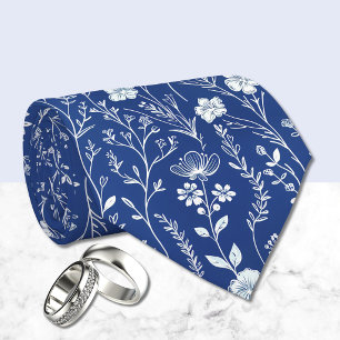 Donkerblauwe en witte chinoiserie bloem stropdas