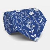 Donkerblauwe en witte chinoiserie bloem stropdas (Opgerold)
