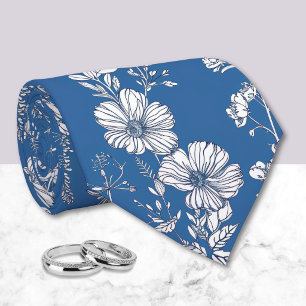 Donkerblauwe en witte chinoiserie bloemmotief stropdas