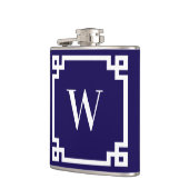 Donkerblauwe en witte Griekse Sleutelrand Monogram Heupfles (Links)