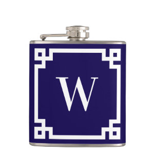Donkerblauwe en witte Griekse Sleutelrand Monogram Heupfles