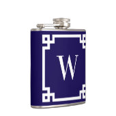 Donkerblauwe en witte Griekse Sleutelrand Monogram Heupfles (Rechts)