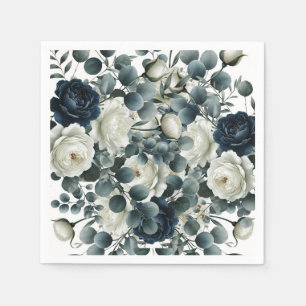Donkerblauwe en witte moderne bloemige groene trou servet