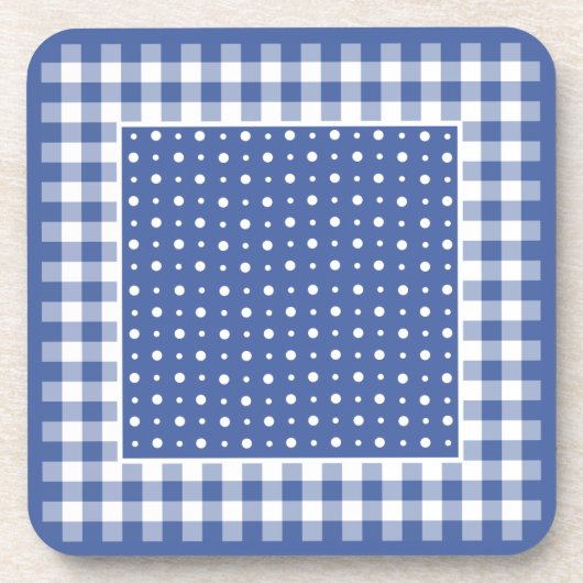 Donkerblauwe en witte pooldots en check Gingham Onderzetter (Voorkant)