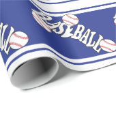 Donkerblauwe en witte strepen met honkbal cadeaupapier (Rol Hoek)