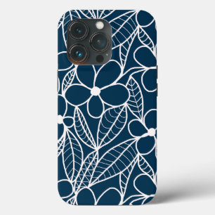 Donkerblauwe en witte tropische bloemen Case-Mate iPhone case