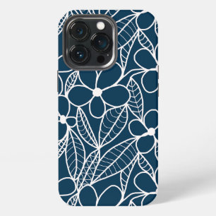 Donkerblauwe en witte tropische bloemen iPhone 13 pro hoesje