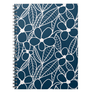 Donkerblauwe en witte tropische bloemen notitieboek