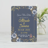 Donkerblauwe esthetische bruiloft uitnodigingen (Staand voorkant)