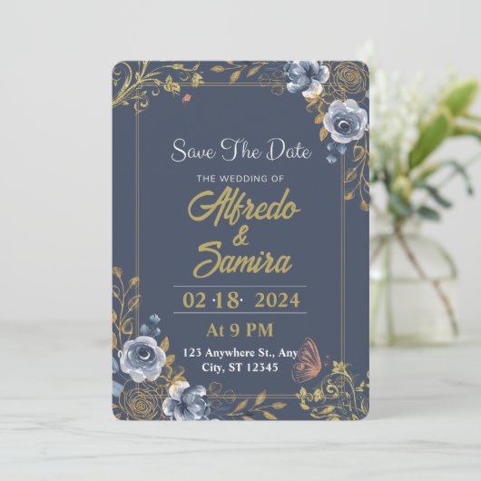 Donkerblauwe esthetische bruiloft uitnodigingen (Staand voorkant)