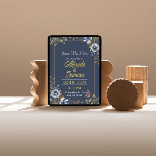 Donkerblauwe esthetische bruiloft uitnodigingen