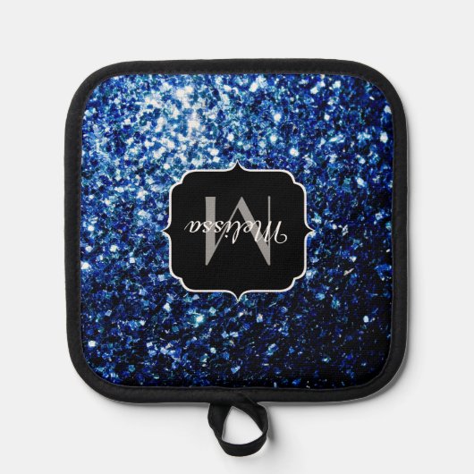 Donkerblauwe faux glitter fonkelt Monogram Pannenlap (Voorkant)