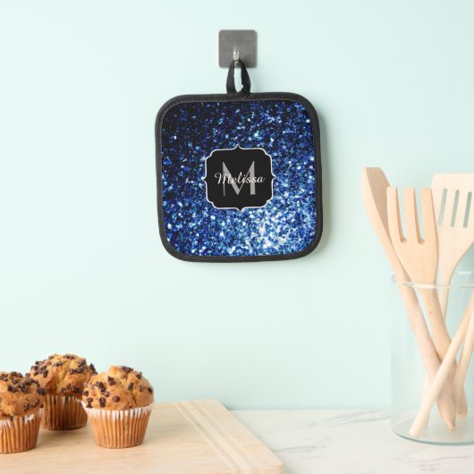 Donkerblauwe faux glitter fonkelt Monogram Pannenlap (Insitu(Ophanging))
