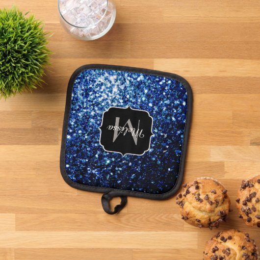Donkerblauwe faux glitter fonkelt Monogram Pannenlap (Top down)