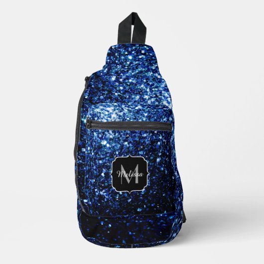 Donkerblauwe faux glitter fonkelt Monogram Sling Bag (Voorkant)
