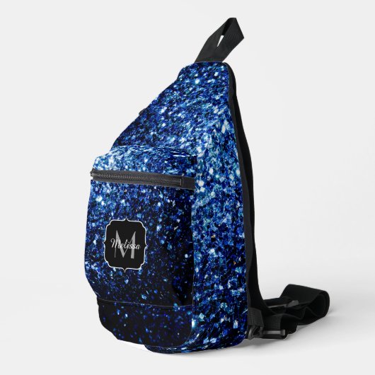 Donkerblauwe faux glitter fonkelt Monogram Sling Bag (Rechterhoek)