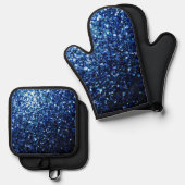 Donkerblauwe faux glitter schittert ovenwant & pannenlap set (Voorkant / Achterkant)