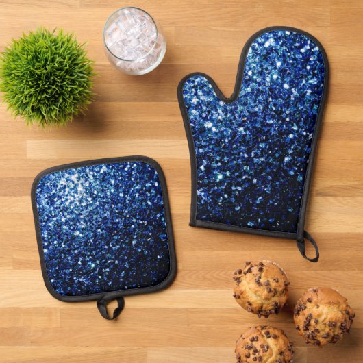 Donkerblauwe faux glitter schittert ovenwant & pannenlap set (Top down)