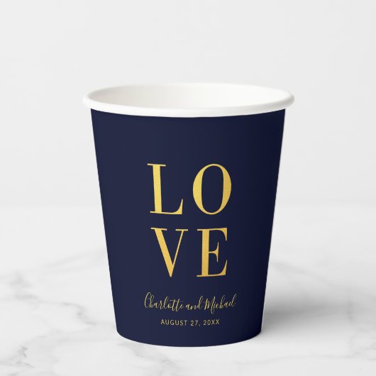 Donkerblauwe Faux Gold Love Papieren Bekers (Achterkant)