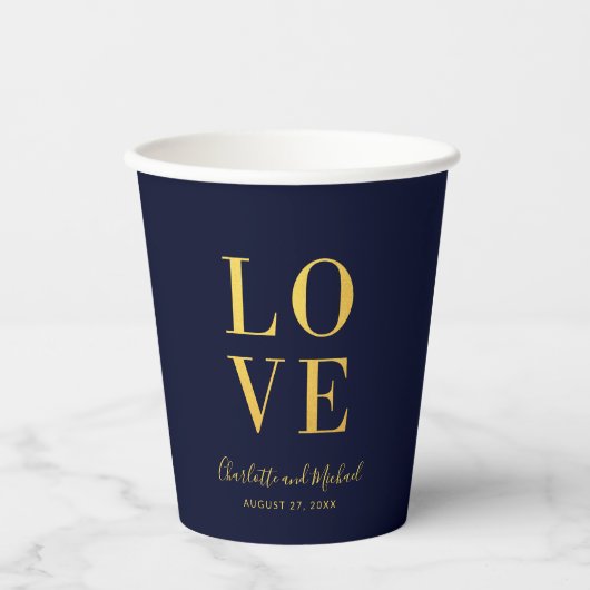 Donkerblauwe Faux Gold Love Papieren Bekers (Voorkant)