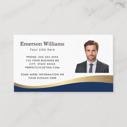 Donkerblauwe faux gouden golf aangepaste foto visitekaartje (Voorkant)