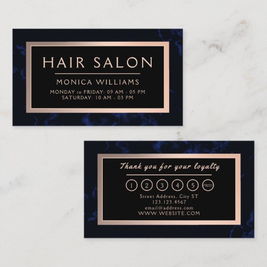 Donkerblauwe faux marmer texture lijst loyaliteit visitekaartje (Voorkant / Achterkant)