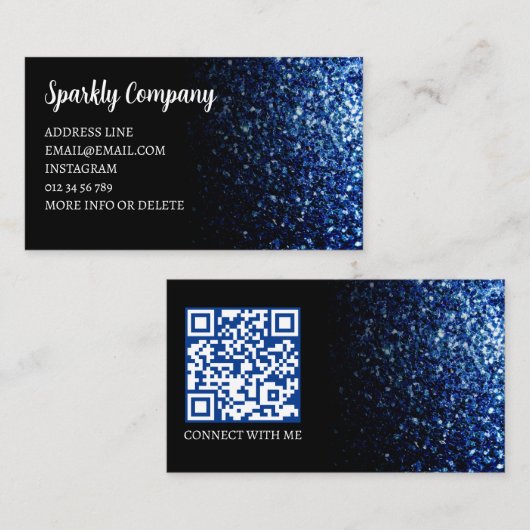 Donkerblauwe faux sparkle zwart elegante QR-code Visitekaartje (Voorkant / Achterkant)