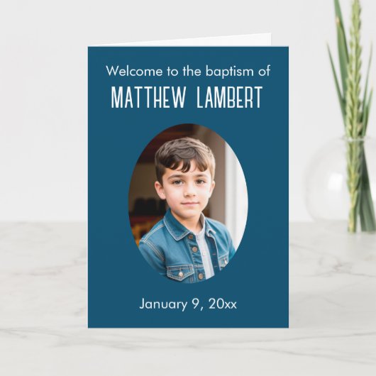 Donkerblauwe foto voorkant polka-dot gevouwen doop programma (Voorkant)