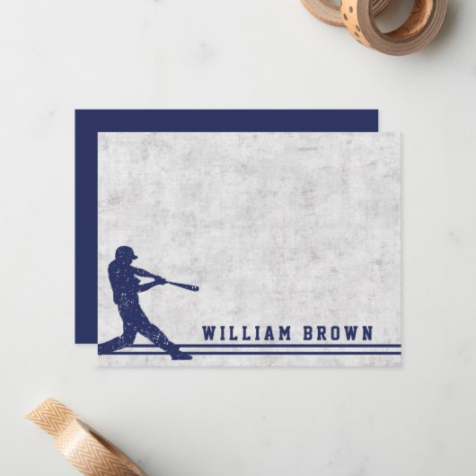 Donkerblauwe gepersonaliseerde baseball silhouette notitiekaartje (Voorkant / Achterkant in situ)