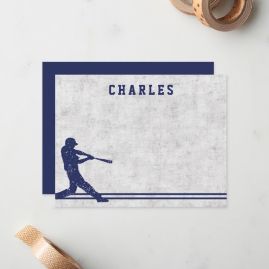 Donkerblauwe gepersonaliseerde baseball silhouette notitiekaartje (Voorkant / Achterkant in situ)