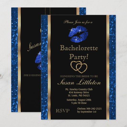 Donkerblauwe glitter Lips Bachelorette Party Kaart (Voorkant / Achterkant)