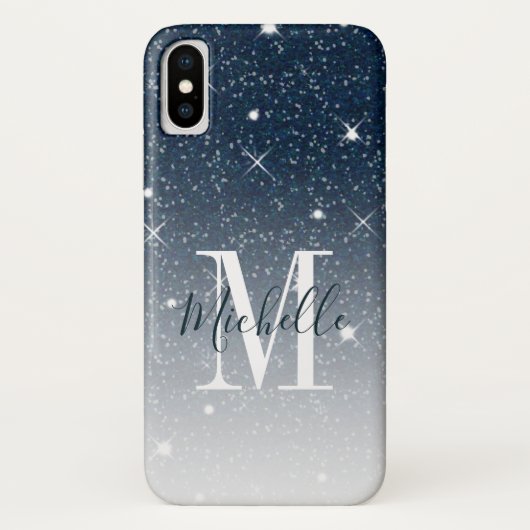 Donkerblauwe glitter Sparkles Monogram Case-Mate iPhone Case (Achterkant)
