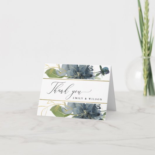 DONKERBLAUWE GOUD GROENE FLORALE WATERCOLOR TROUW BEDANKKAART (Voorkant)