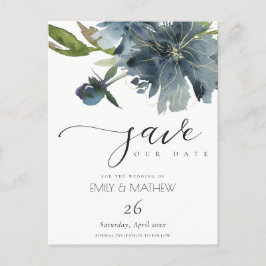 DONKERBLAUWE GOUDE BLOEMEN AQUELEUR SAVE THE DATE AANKONDIGINGSKAART
