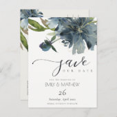 DONKERBLAUWE GOUDE BLOEMEN AQUELEUR SAVE THE DATE AANKONDIGINGSKAART (Voorkant / Achterkant)