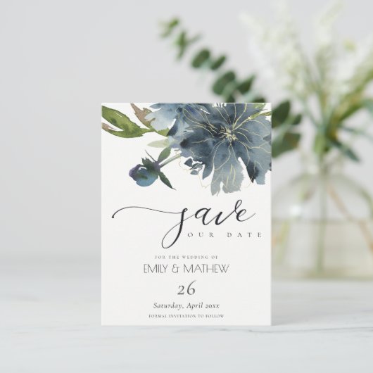 DONKERBLAUWE GOUDE BLOEMEN AQUELEUR SAVE THE DATE AANKONDIGINGSKAART (Staand voorkant)