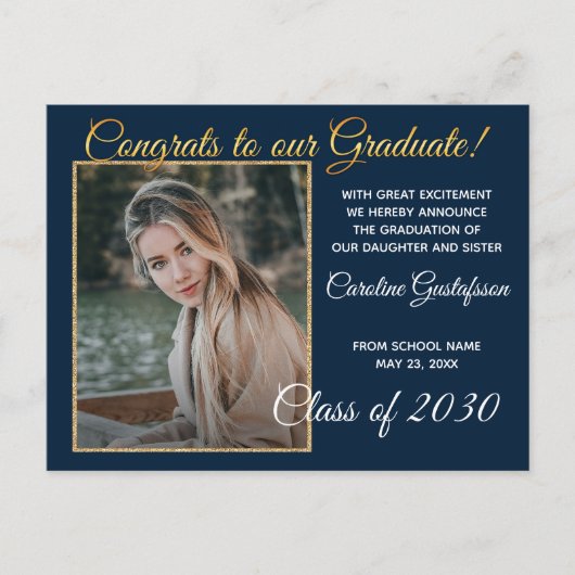 Donkerblauwe gouden Afstuderen aankondiging Briefkaart (Voorkant)