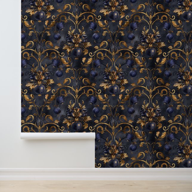 Donkerblauwe gouden bessen Royal Damask Golden Lea Behang (Applicatie)