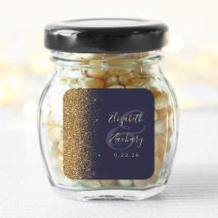 Donkerblauwe gouden rand bruiloft vierkante sticker