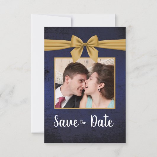 Donkerblauwe gouden strik save the date (Voorkant)