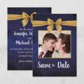 Donkerblauwe gouden strik save the date (Voorkant / Achterkant)