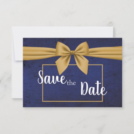Donkerblauwe gouden strik save the date (Voorkant)