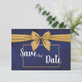 Donkerblauwe gouden strik save the date (Staand voorkant)