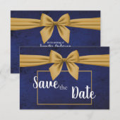 Donkerblauwe gouden strik save the date (Voorkant / Achterkant)