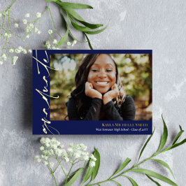 Donkerblauwe goudkalligrafie Foto-Afstuderen Folie Uitnodiging