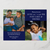 Donkerblauwe goudkalligrafie Foto-Afstuderen Folie Uitnodiging (Achterkant)