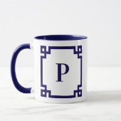 Donkerblauwe Griekse Sleutelrand Monogram Mok (Links)