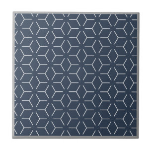 Donkerblauwe grijze rand witte geometrische patroo tegeltje